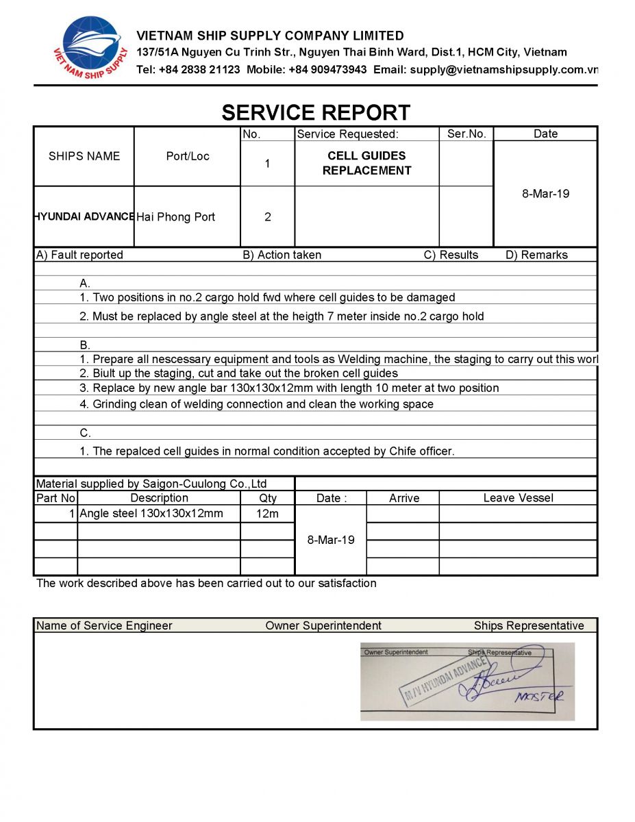 SERVICE REPORT HYUNDAI ADVANCE. CELL GUIDES REPLACEMENT